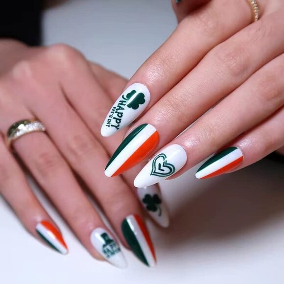 Press on nails 24Pcs Almond Green St. Patrick's Day Non-Toxic Odorless striped - Picture 1 of 7